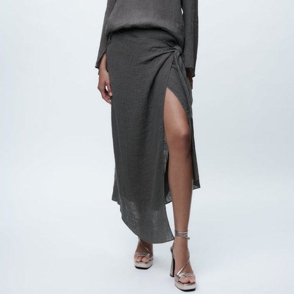 NWT 100% LINEN GRAY WRAP MIDI SKIRT